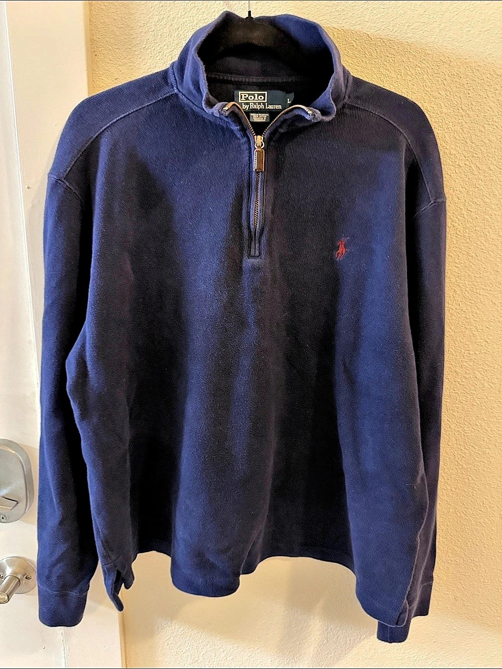 Polo Ralph Lauren Men’s L Navy Quarter Zip Pullover Red Pony 100% Cotton